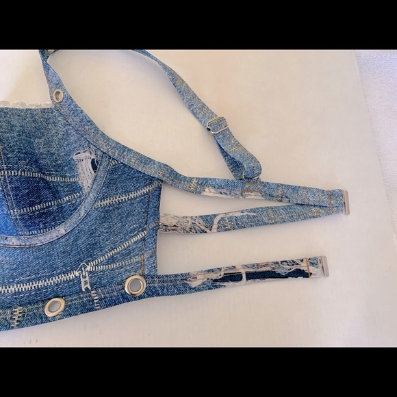 Beautiful bikini top braletta denim pattern multiple back straps metal eyelets - Picture 11 of 16